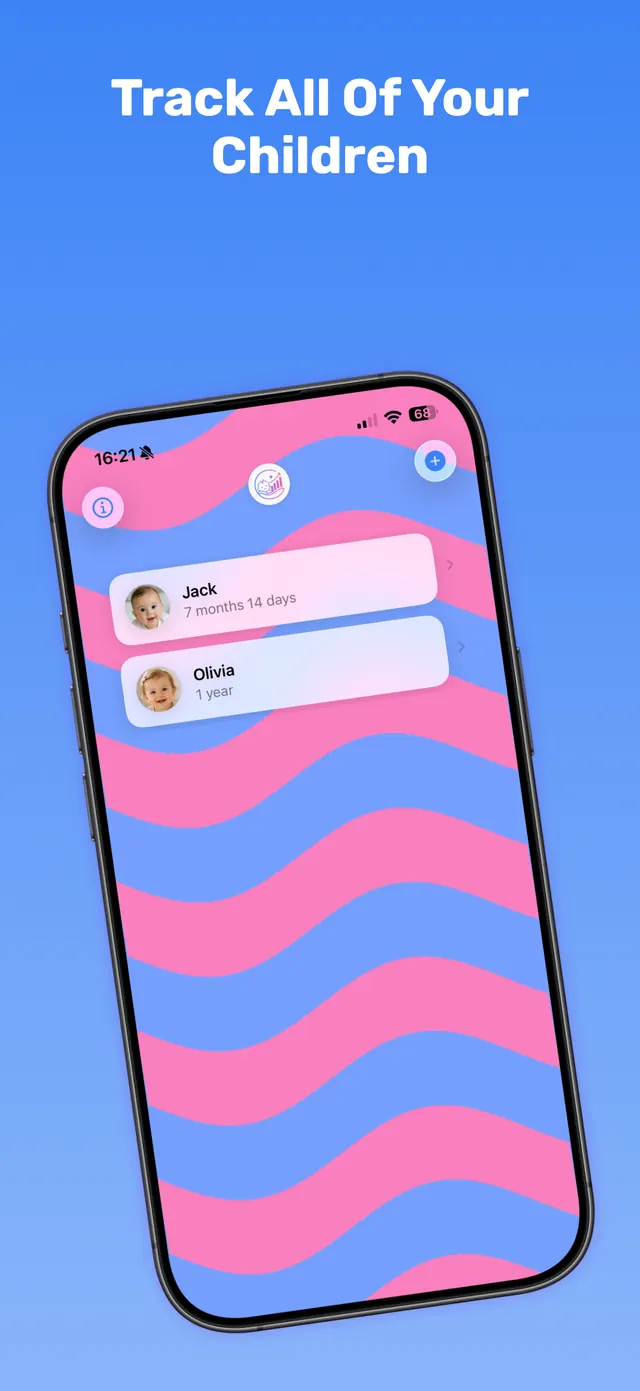 ChartMyBaby app screenshot: list of your children with their ages